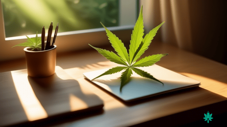 Cozy wooden desk bathed in soft, golden sunlight with a laptop, notebook, pen, and a vibrant green cannabis leaf, showcasing essential cannabis blogging tips for success.