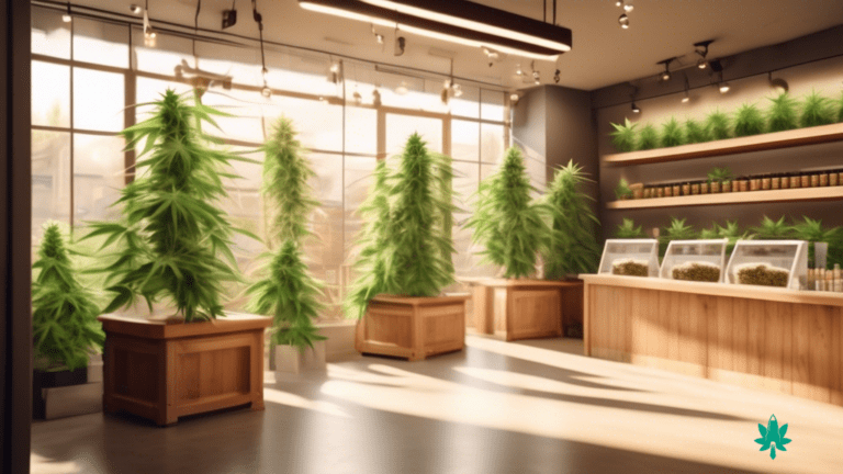 Discover the essential branding tips for cannabis businesses with this captivating image of a well-lit cannabis dispensary, featuring a thoughtfully designed logo on the storefront. Bathed in warm natural light, this photo invites passersby to explore the world of cannabis branding. Get valuable insights for your business today!