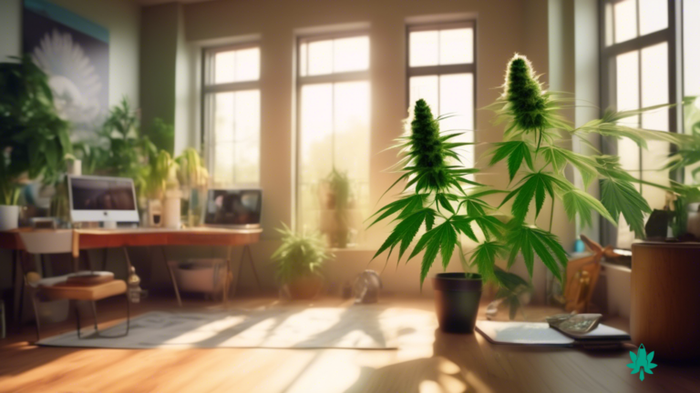 Mastering Cannabis Content Creation: A vibrant and well-lit workspace adorned with cannabis-themed props, including cameras, notebooks, and editing equipment, bathed in bright natural light.