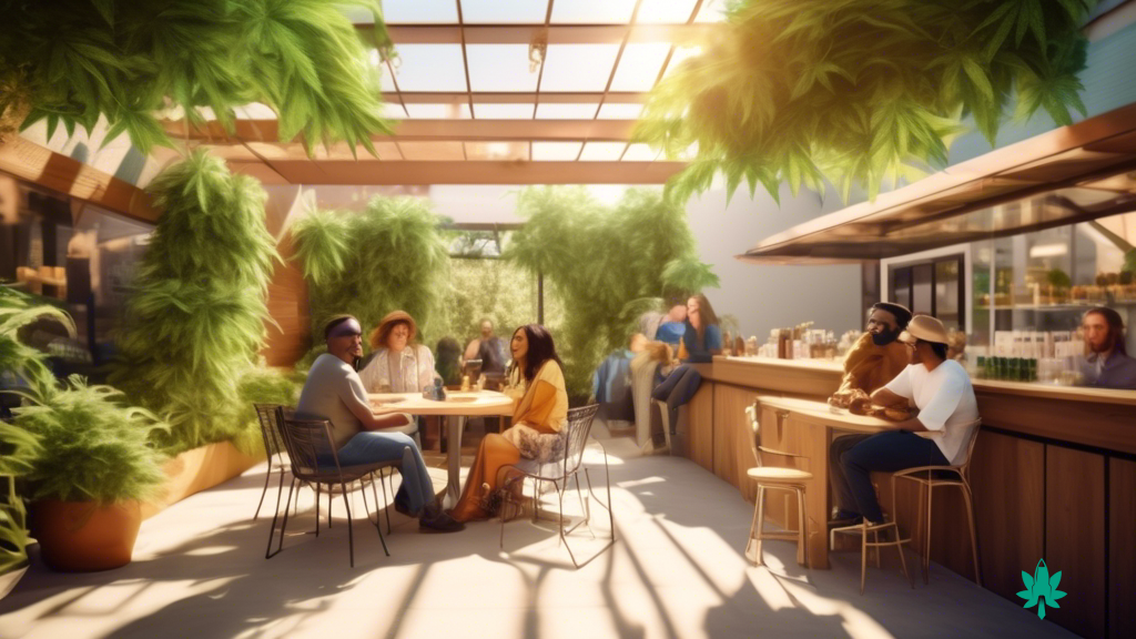 Inviting scene of a sunlit cannabis dispensary patio, where diverse groups engage in conversation surrounded by lush greenery, creating a warm and welcoming ambiance for effective cannabis content outreach.