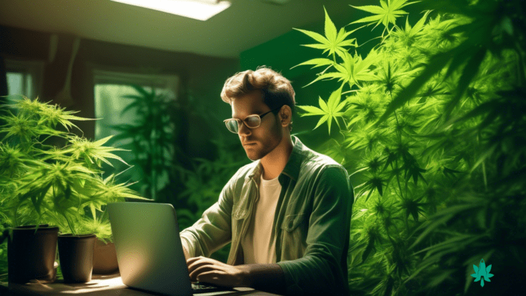 An immersive cannabis content strategy unfolds as a person surrounded by lush cannabis plants, lost in contemplation, with a notebook and laptop nearby, basking in the vibrant green foliage and the glow of natural light.