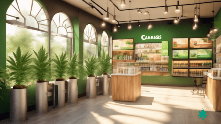 Vibrant cannabis dispensary with captivating digital marketing materials, showcasing diverse product offerings and engaging online campaigns in bright natural light.
