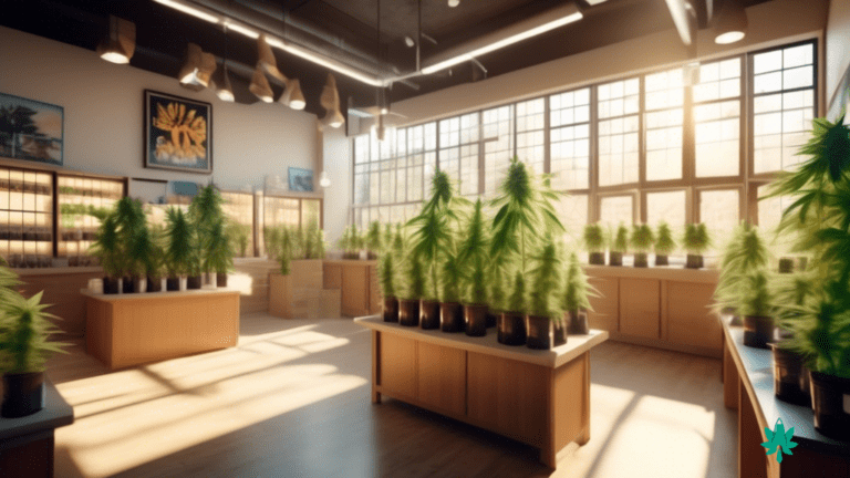 Vibrant sunlit cannabis dispensary with natural light streaming through large windows, showcasing illuminated products on display.