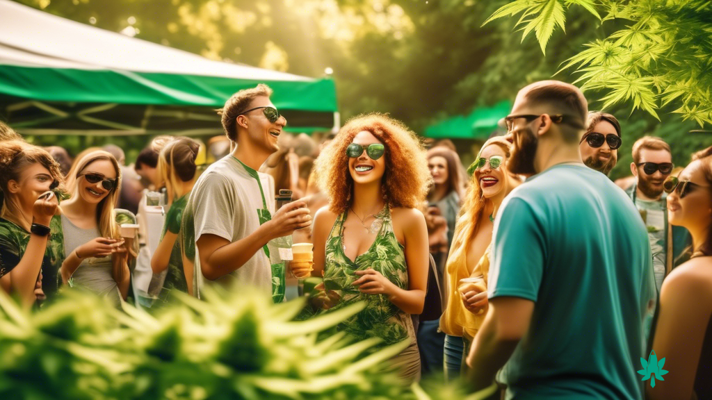 Alt text: Maximizing ROI: Cannabis Event Marketing Strategies - Vibrant outdoor cannabis event with attendees engaged in activities, surrounded by lush greenery, under warm, golden sunlight, creating a sense of excitement and potential for event marketing success.