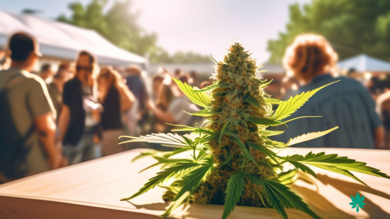 Vibrant cannabis event in sunlit outdoor setting with attendees mingling, live music, art installations, and educational sessions.