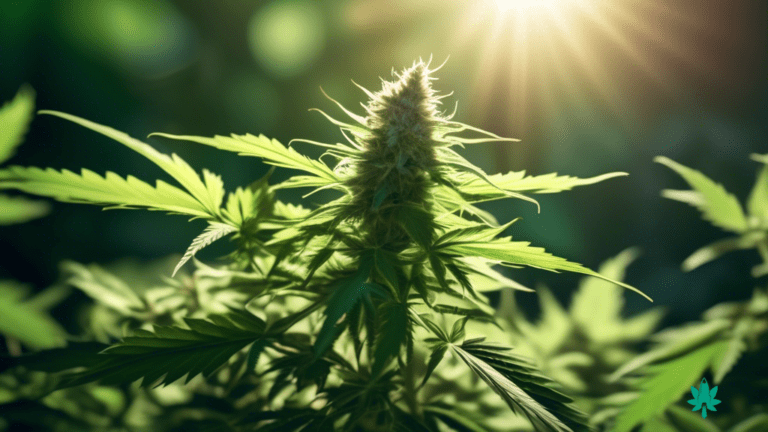 Vibrant photo of a sunlit cannabis plant in full bloom, displaying lush green leaves and resinous buds glistening under bright natural light.