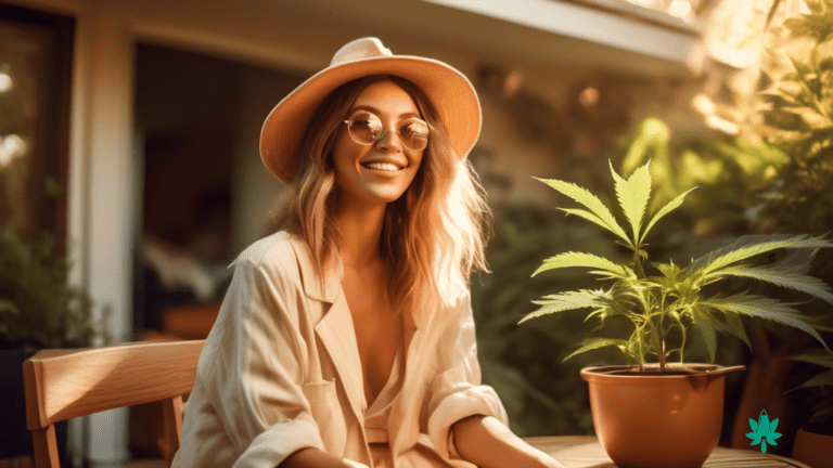 Stylish cannabis influencer enjoying a sun-drenched patio surrounded by lush greenery, radiating authenticity and trust with a cannabis product in hand.