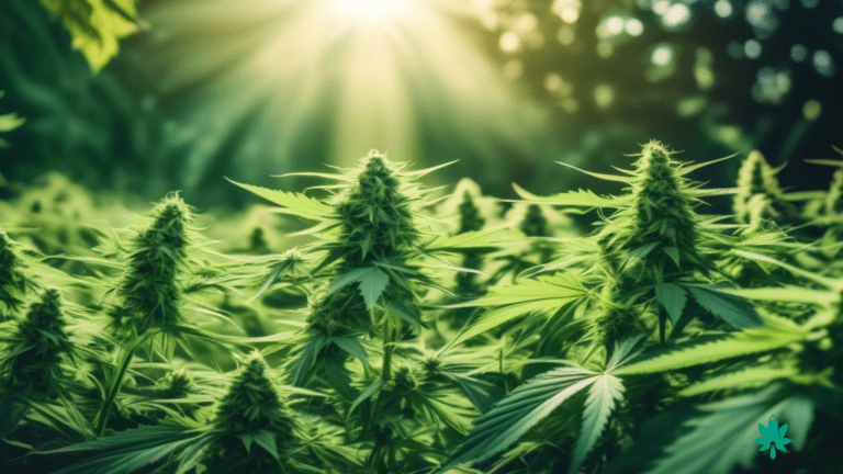 Sun-drenched cannabis field with vibrant green plants, showcasing the potential of effective cannabis link building.