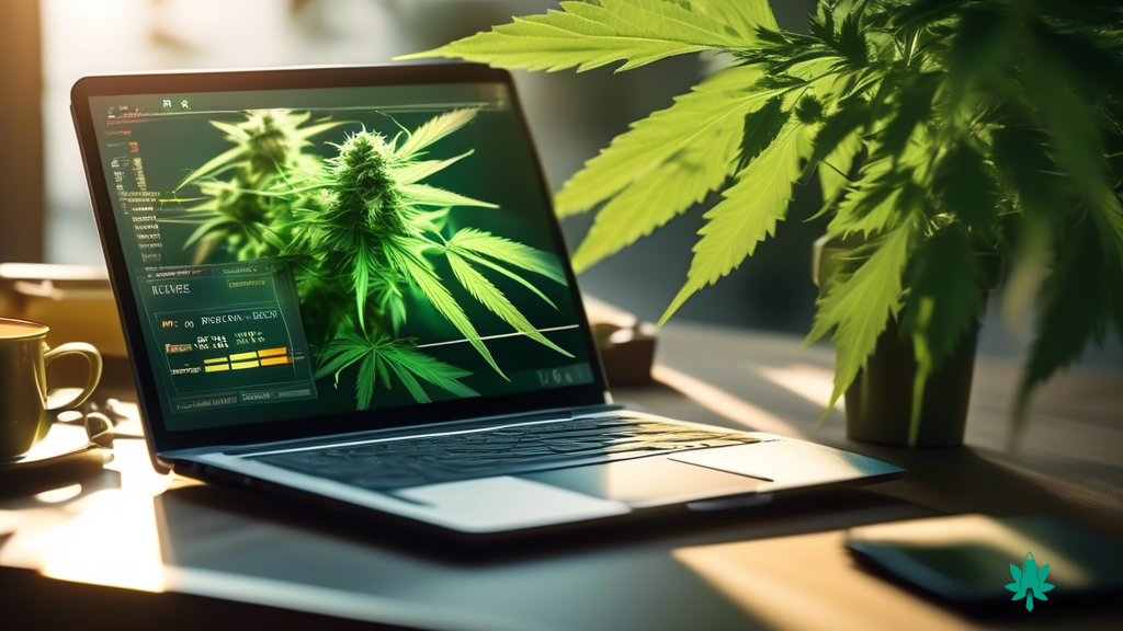 Close-up of a laptop screen displaying vibrant cannabis marketing data analysis, bathed in natural light streaming through a nearby window