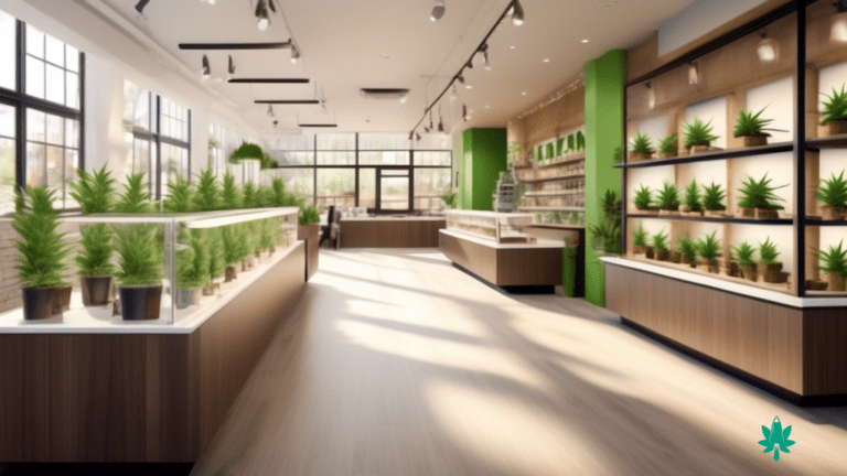Alt Text: Vibrant cannabis dispensary with natural light filtering through large windows, showcasing sleek product displays, and lively conversations between customers and knowledgeable staff.