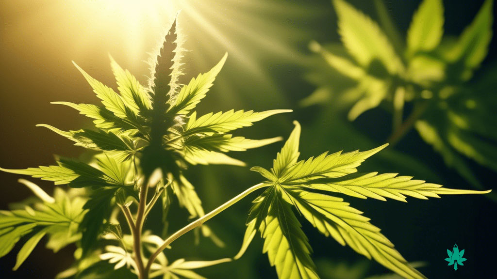Alt Text: Close-up photo of a vibrant cannabis plant illuminated by golden sunlight, highlighting its intricate details and showcasing the plant's beauty and allure.