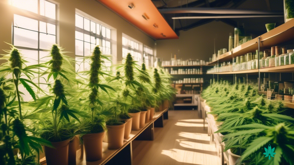 Sunlit cannabis dispensary with lush greenery, well-organized shelves, and knowledgeable staff, representing successful SEO strategies for cannabis businesses.