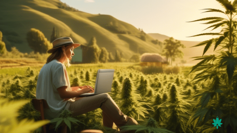 Serene rural landscape with a cannabis farm in golden sunlight, a person peacefully engaging with the cannabis website on a laptop amidst blooming plants.