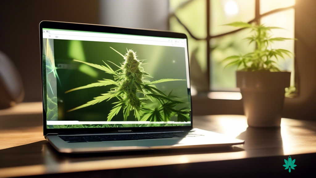 Optimize your cannabis website for lightning-fast speed and performance with this close-up photo of a sleek laptop displaying a high-speed cannabis website, beautifully illuminated by bright natural sunlight streaming through a nearby window.
