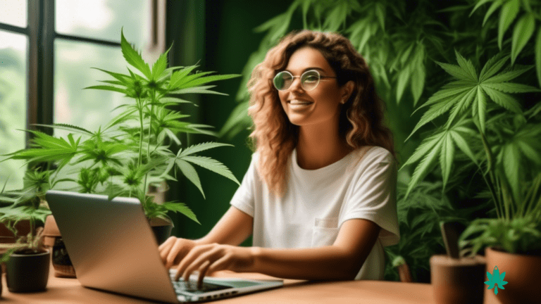An enthusiastic cannabis influencer sits amidst a lush green garden, illuminated by vibrant natural light, passionately sharing insights on a laptop. This captivating scene highlights the potential of guest blogging to enhance cannabis SEO.