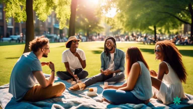 Maximizing Social Media Marketing For Cannabis Businesses: A diverse group of people in a bustling city park engage in authentic and enthusiastic conversations beneath a vibrant blue sky, representing the potential of social media marketing for cannabis businesses.